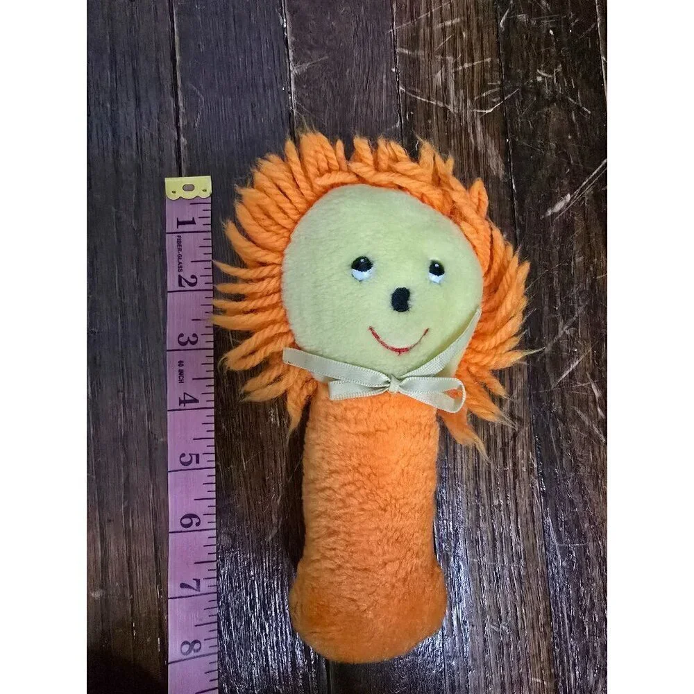 Vintage 1970s Stahlwood Toy Orange Lion Baby Rattle Plush